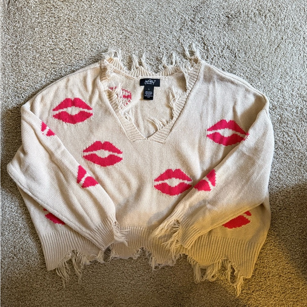 Chaser Beige V-Neck Sweater with Pink Lips